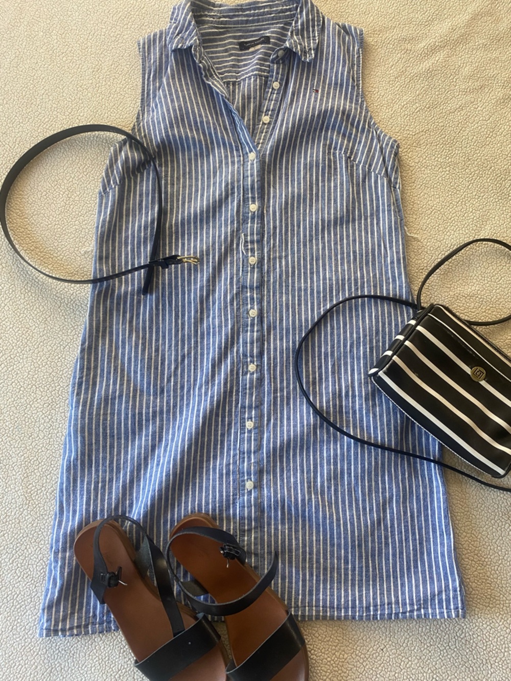 Blue and White Sleeveless Striped Mini Pocketed Dress Tommy Hilfiger